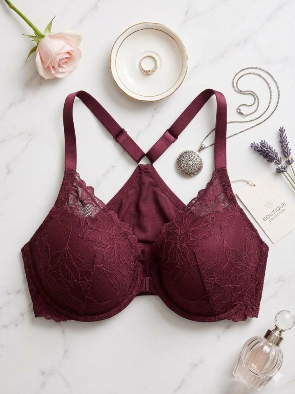 Auden Push Up Plunge Lace Bra 46DDD Burgundy Underwire Padded Front Close Full